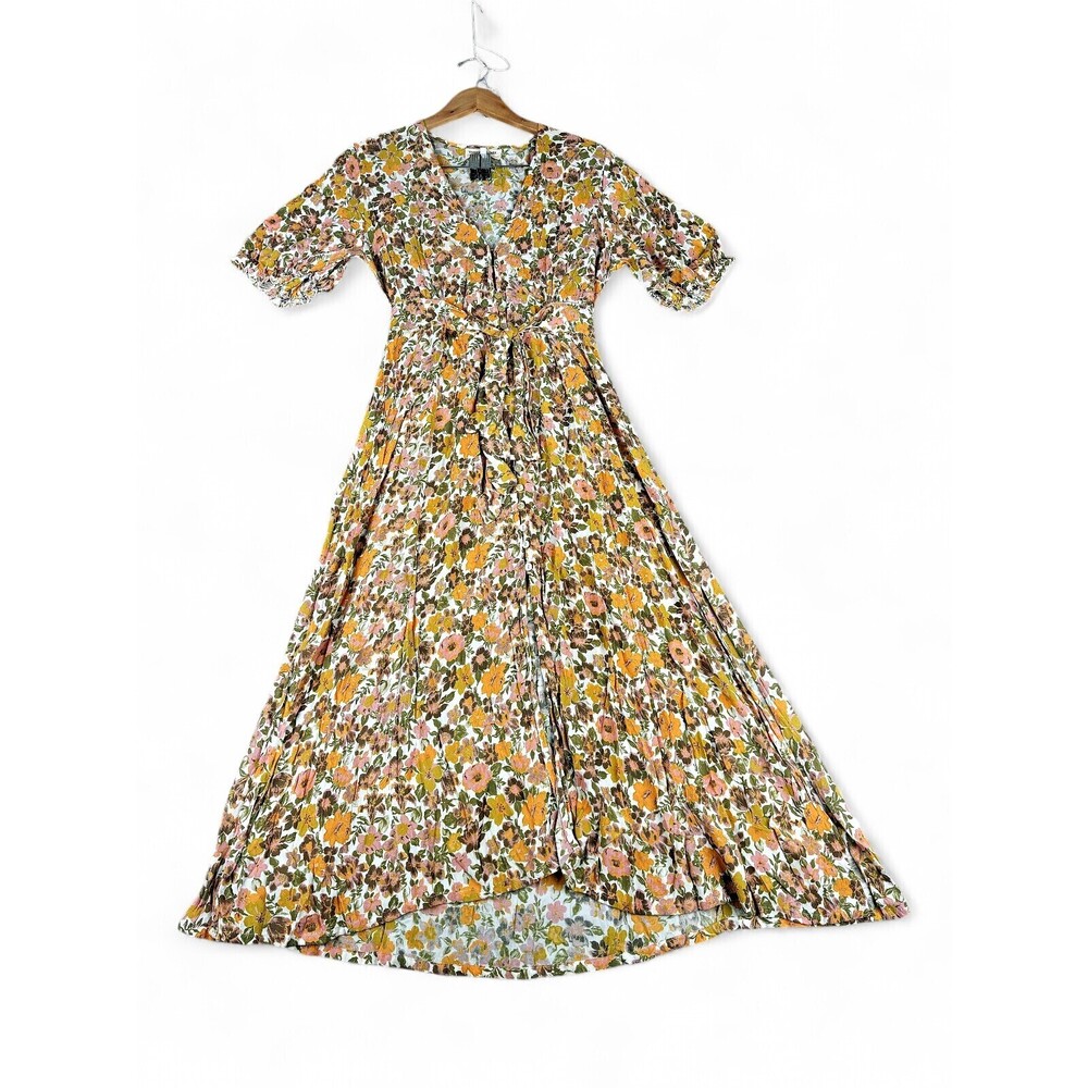 Barefoot Blonde Floral Maxi Dress Tie-Waist V-Neck Size M